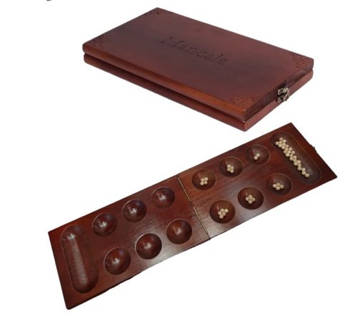 Mancala Board Game Set with Folding Rubber Wood brown Color wood stone